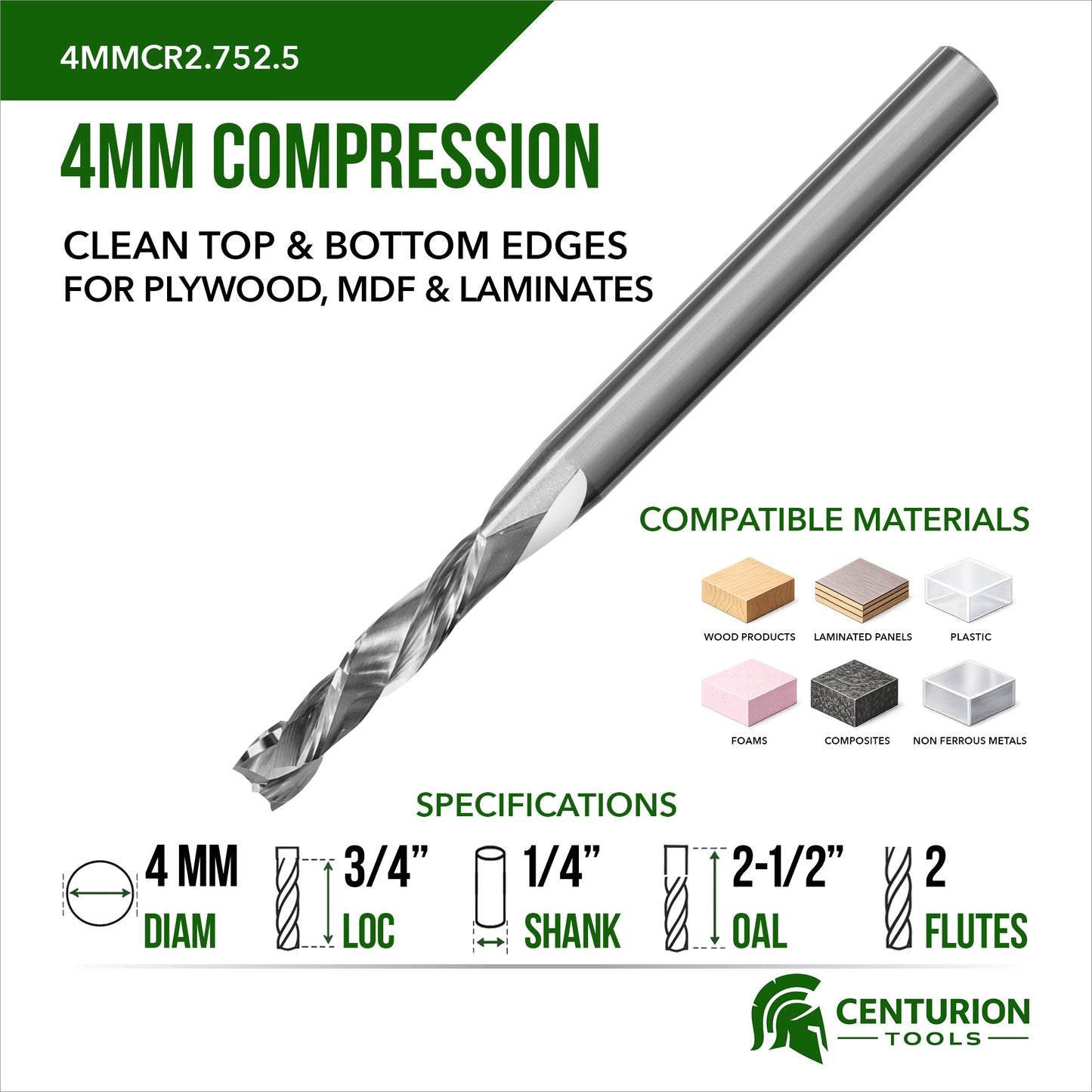 4 MM Compression 3/4" Cut 2-1/2" OAL 1/4" Shank Plunge End