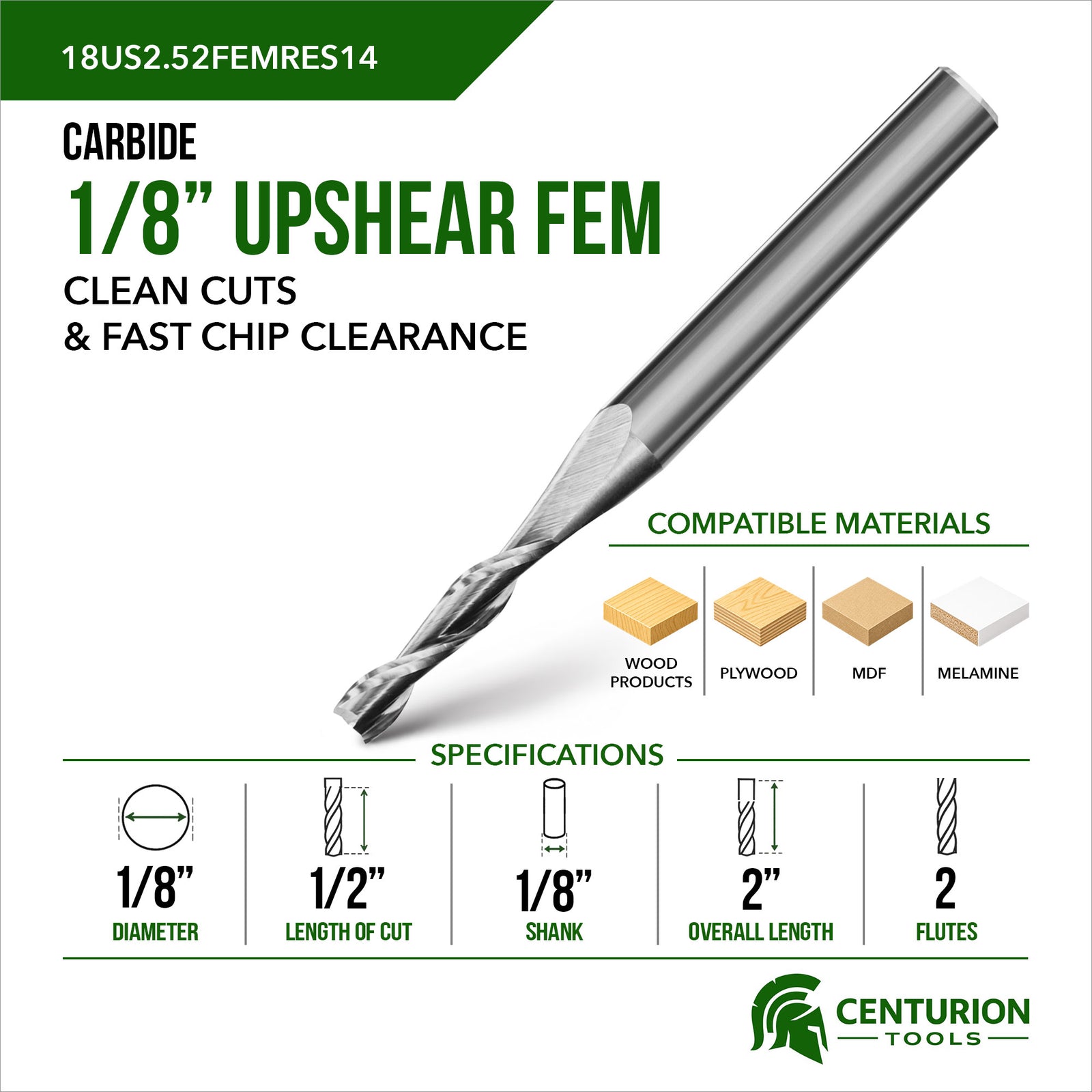 1/8" Upshear Spiral 2-Flute | 1/2" LOC | 2" OAL | 1/8" Shank | FEM