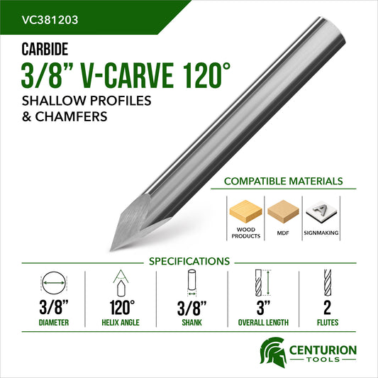 3/8" 120° V-Carve Bit | 3" OAL | 3/8" Shank