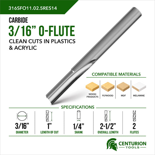 3/16" O-Flute Straight 2-Flute | 1" LOC | 2-1/2" OAL | 1/4" Shank | Plunge End