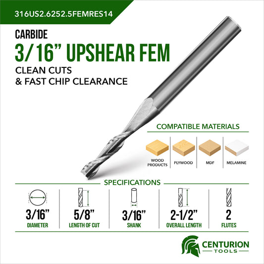 3/16" Upshear Spiral 2-Flute | 5/8" LOC | 2-1/2" OAL | 3/16" Shank | FEM