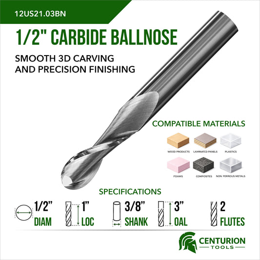 1/2" Diameter 1" Cut Length 2 Flute 3" Overall Length Ballnose Router Bit