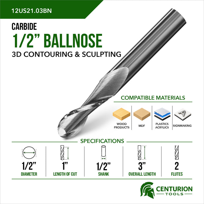 1/2" Diameter 1" Cut Length 2 Flute 3" Overall Length Ballnose Router Bit