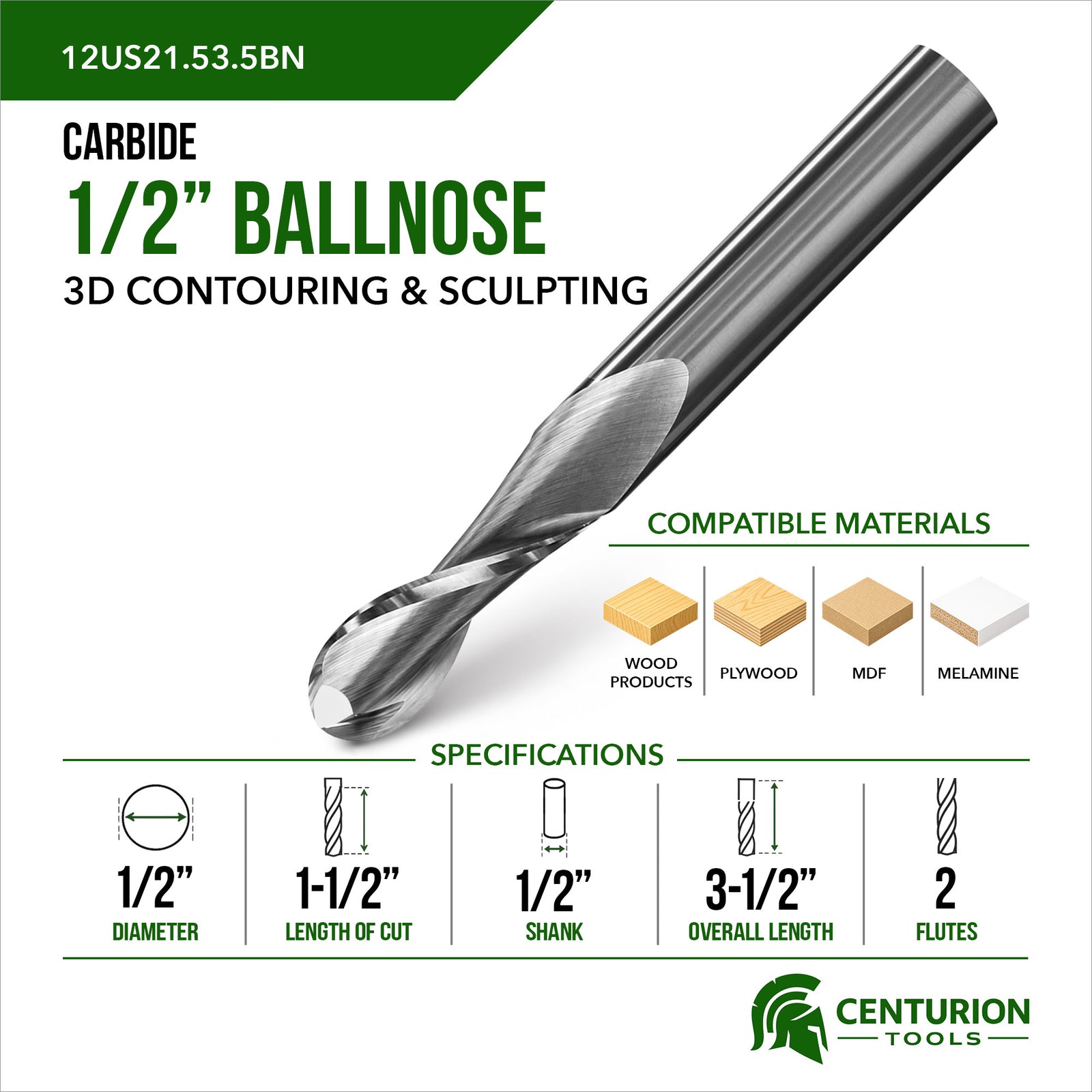 1/2" Ballnose 2-Flute | 1-1/2" LOC | 3-1/2" OAL | 1/2" Shank