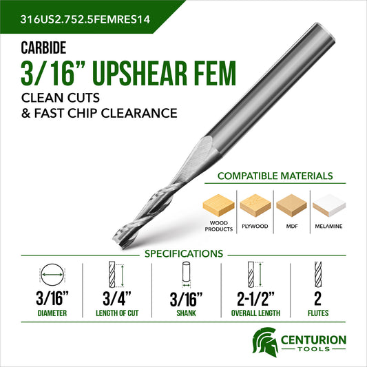 3/16" Upshear Spiral 2-Flute | 3/4" LOC | 2-1/2" OAL | 3/16" Shank | FEM