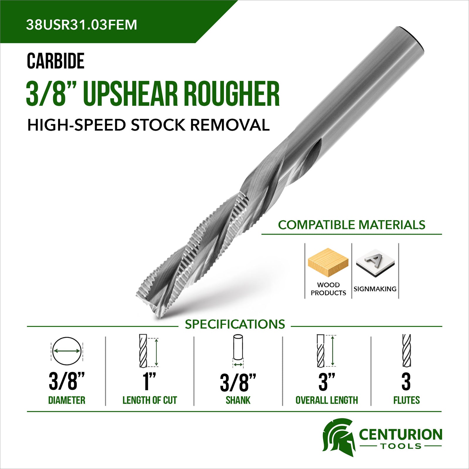 3/8" Upshear Rougher 3-Flute | 1" LOC | 3" OAL | 3/8" Shank | FEM