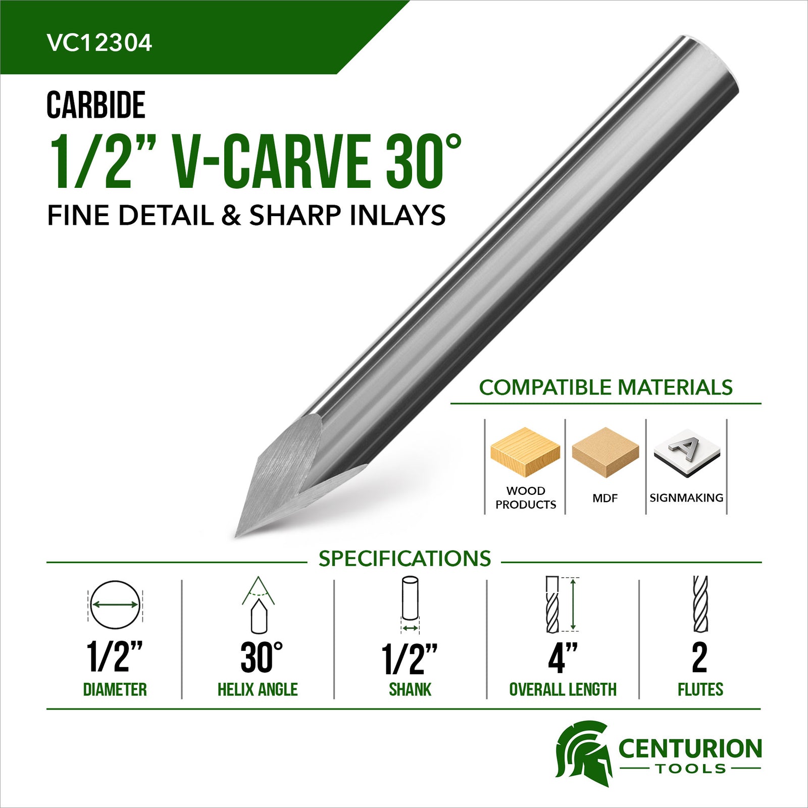 1/2" 30° V-Carve Bit | 4" OAL | 1/2" Shank