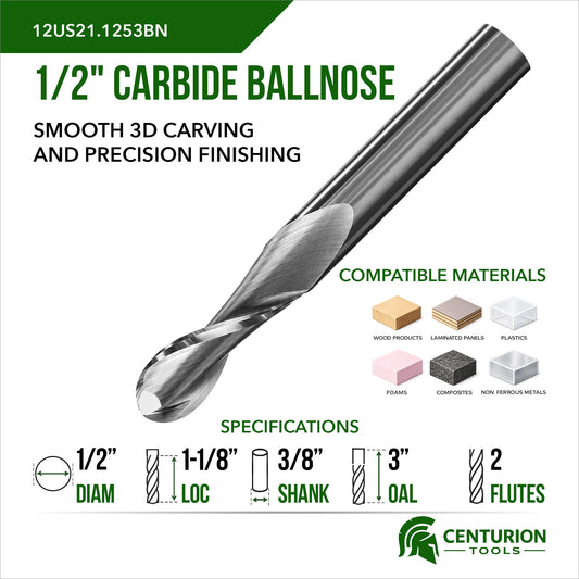 1/2" Diameter 1-1/8" Cut Length 2 Flute 3" Overall Length Ballnose Router Bit