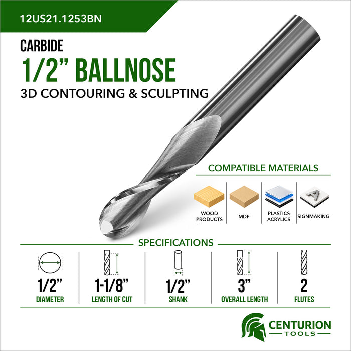 1/2" Diameter 1-1/8" Cut Length 2 Flute 3" Overall Length Ballnose Router Bit