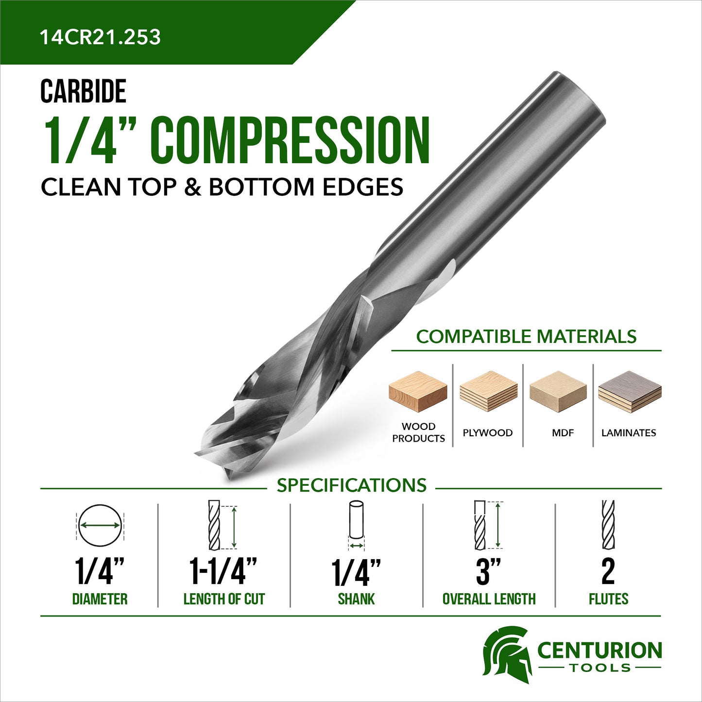 1/4" Compression 2-Flute | 1-1/4" LOC | 3" OAL | 1/4" Shank | Plunge End