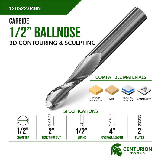 1/2" Ballnose 2-Flute | 2" LOC | 4" OAL | 1/2" Shank
