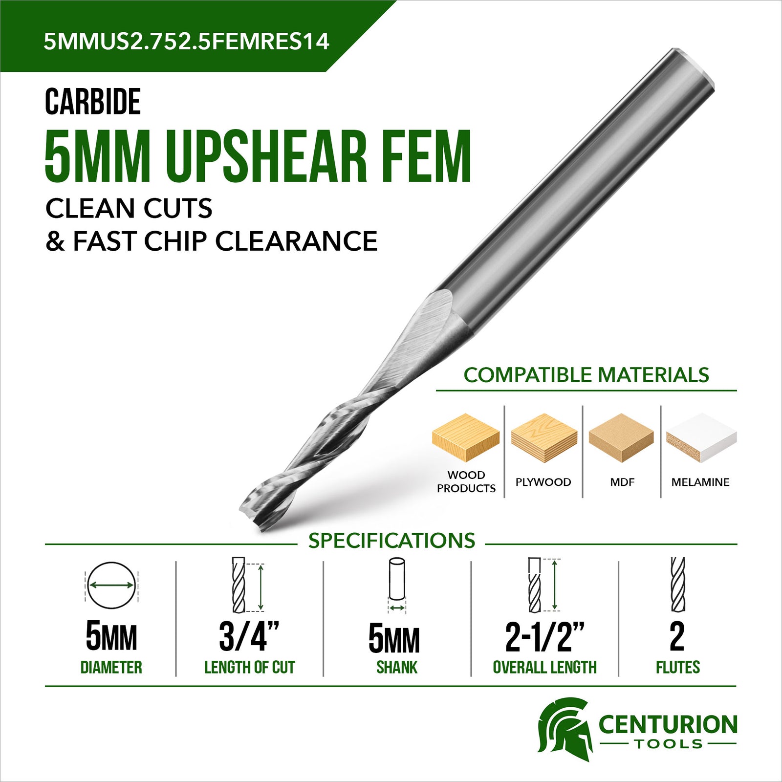 5mm Upshear Spiral 2-Flute | 3/4" LOC | 2-1/2" OAL | 5mm Shank | FEM