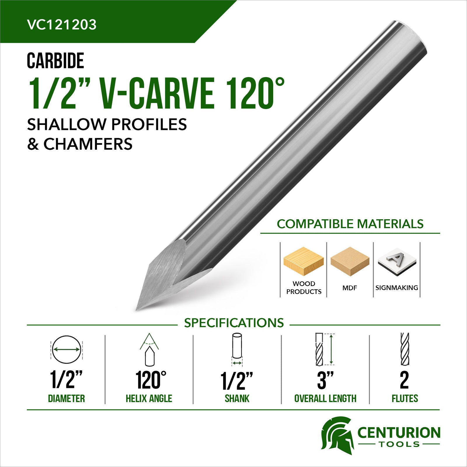 1/2" 120° V-Carve Bit | 3" OAL | 1/2" Shank