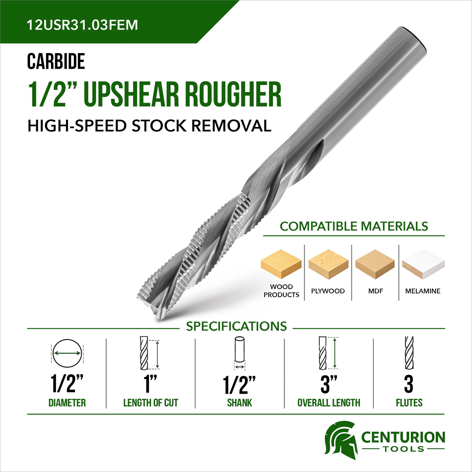 1/2" Upshear Rougher 3-Flute | 1" LOC | 3" OAL | 1/2" Shank | FEM