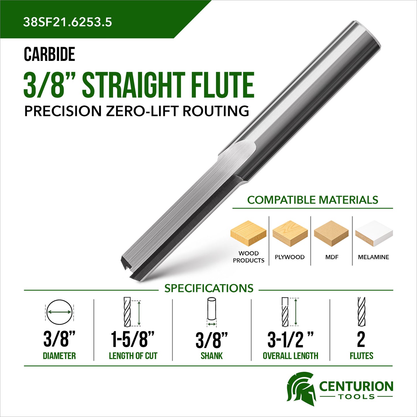 3/8" Straight Flute 2-Flute | 1-5/8" LOC | 3-1/2" OAL | 3/8" Shank | Plunge End