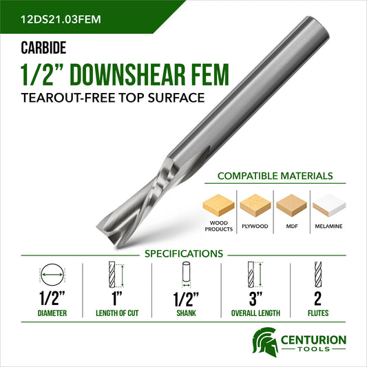 1/2" Downshear Spiral 2-Flute | 1" LOC | 3" OAL | 1/2" Shank | FEM