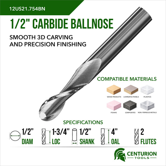 1/2" Diameter 1-3/4" Cut Length 2 Flute 4" Overall Length Ballnose Router Bit