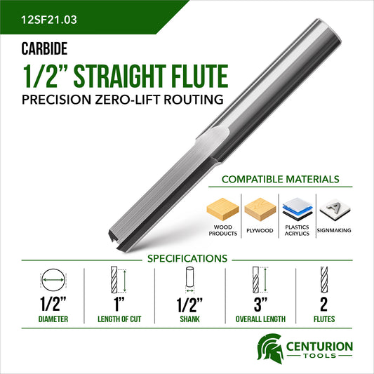 1/2" Straight Flute 2-Flute | 1" LOC | 3" OAL | 1/2" Shank | Plunge End