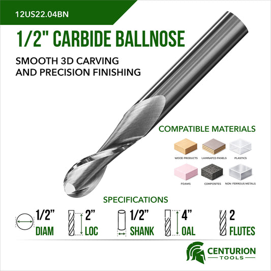 1/2" Diameter 2" Cut Length 2 Flute 4" Overall Length Ballnose Router Bit