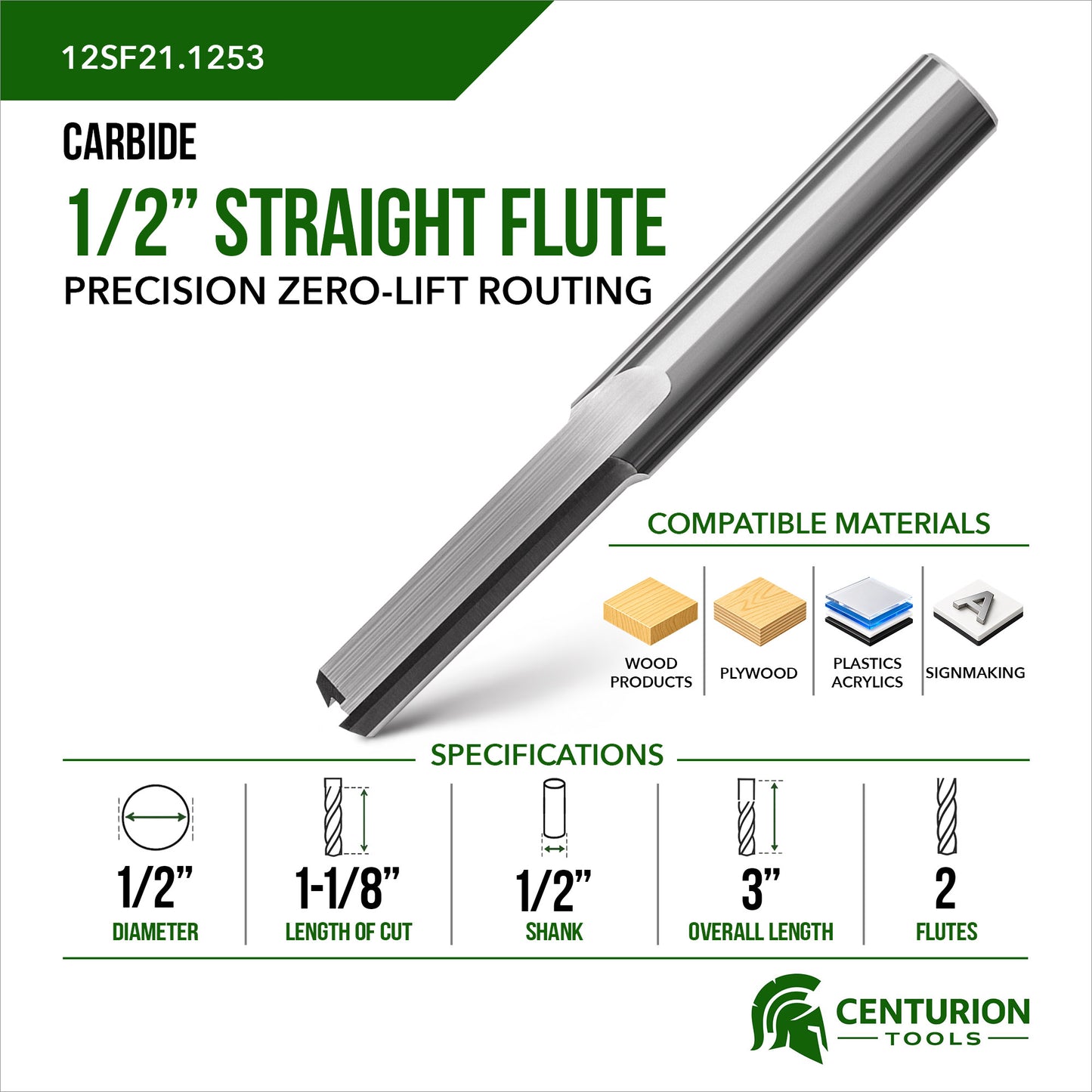 1/2" Straight Flute 2-Flute | 1-1/8" LOC | 3" OAL | 1/2" Shank | Plunge End