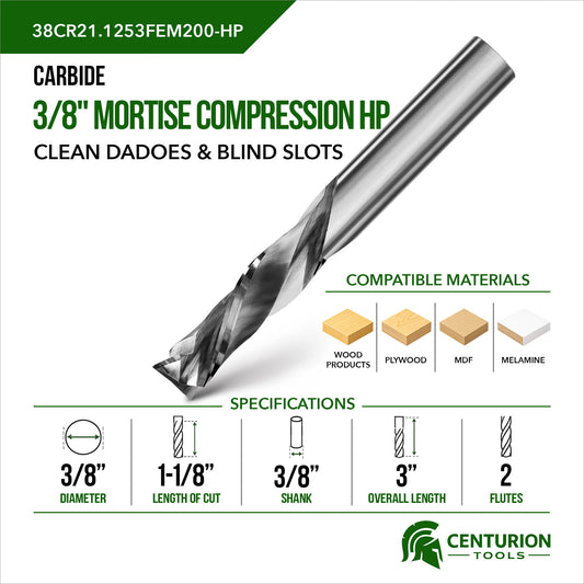 3/8" Compression HP Mortise 2-Flute | 1-1/8" LOC | 3" OAL | 3/8" Shank | FEM