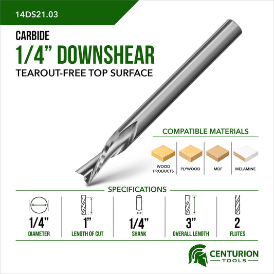 1/4" Downshear Spiral 2-Flute | 1" LOC | 3" OAL | 1/4" Shank | Plunge End