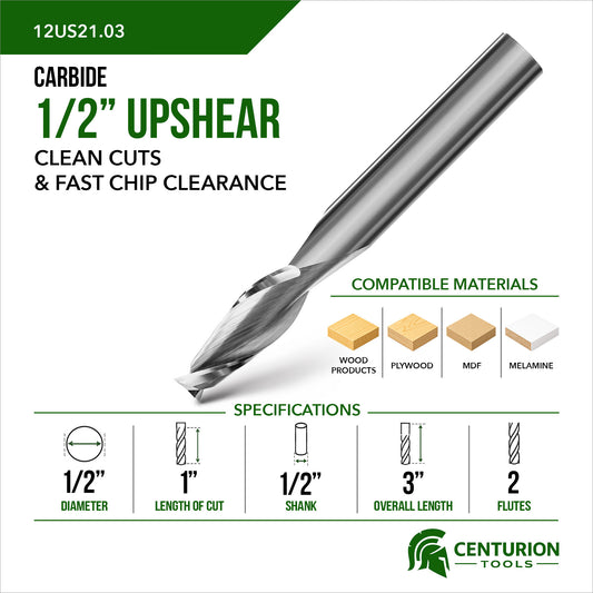 1/2" Upshear Spiral 2-Flute | 1" LOC | 3" OAL | 1/2" Shank | Plunge End