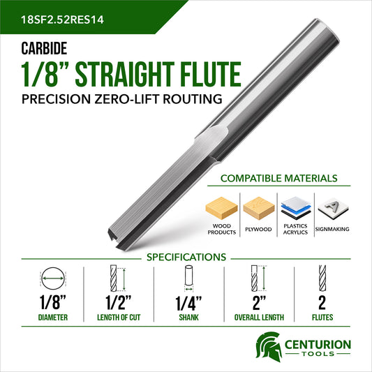 1/8" Straight Flute 2-Flute | 1/2" LOC | 2" OAL | 1/4" Shank | Plunge End