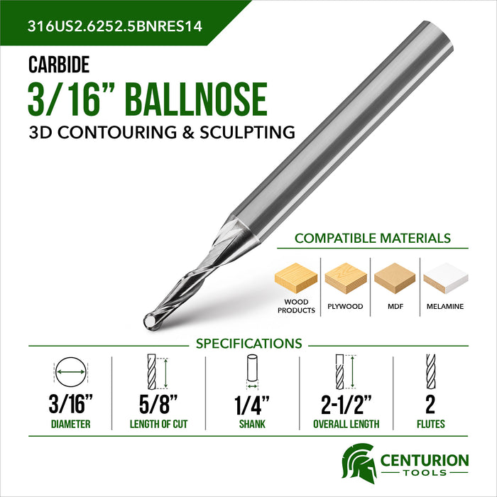 3/16" Ballnose 2-Flute | 5/8" LOC | 2-1/2" OAL | 1/4" Shank