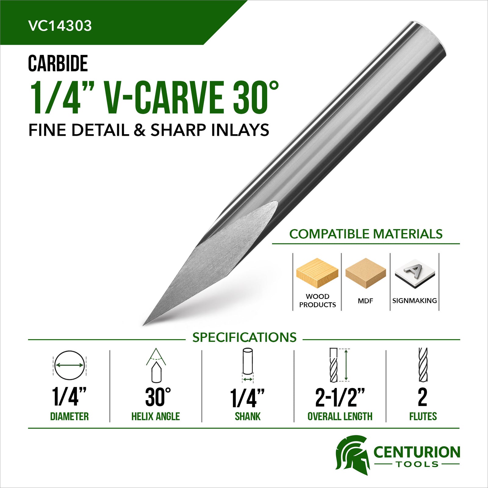 1/4" 30° V-Carve Bit | 2-1/2" OAL | 1/4" Shank