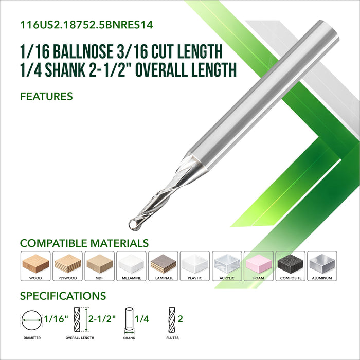 1/16  Ballnose 3/16 Cut Length 1/4 Shank 2-1/2" Overall Length
