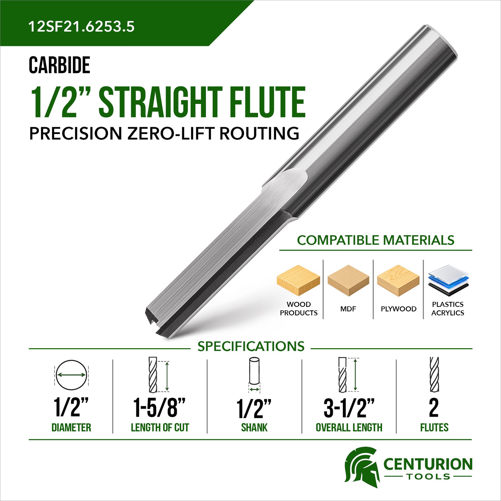 1/2" Straight Flute 2-Flute | 1-5/8" LOC | 3-1/2" OAL | 1/2" Shank | Plunge End