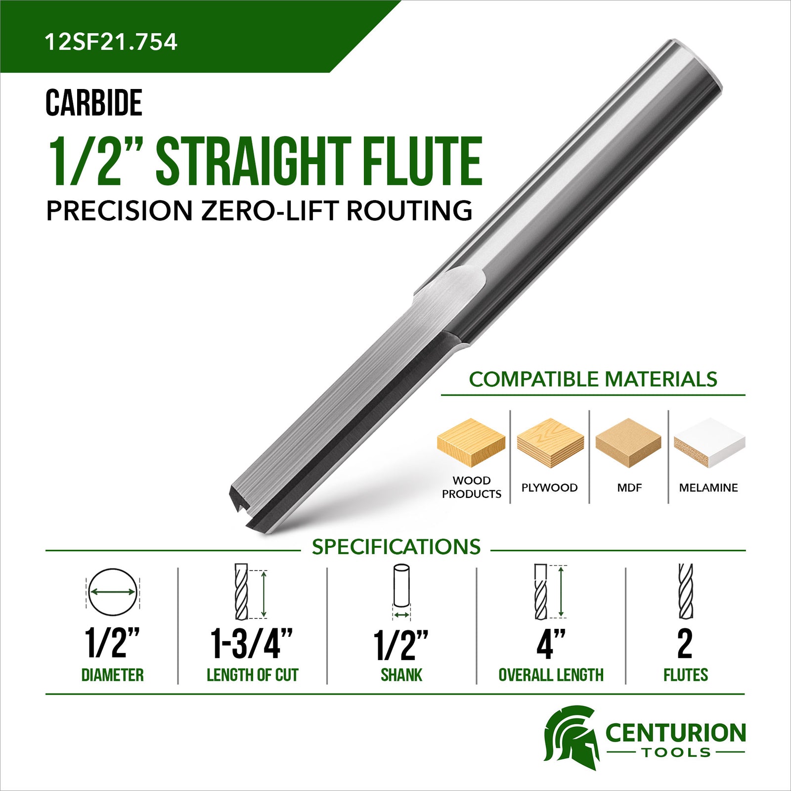 1/2" Straight Flute 2-Flute | 1-3/4" LOC | 4" OAL | 1/2" Shank | Plunge End