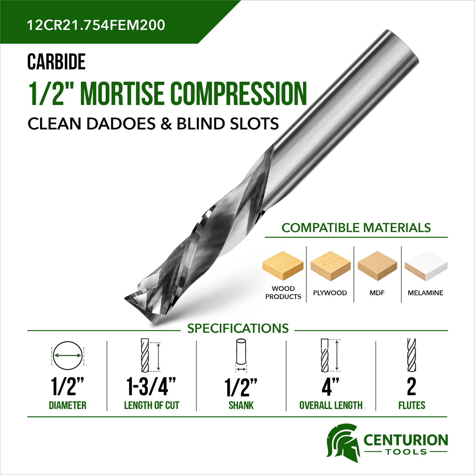 1/2" Compression Mortise 2-Flute | 1-3/4" LOC | 4" OAL | 1/2" Shank | FEM