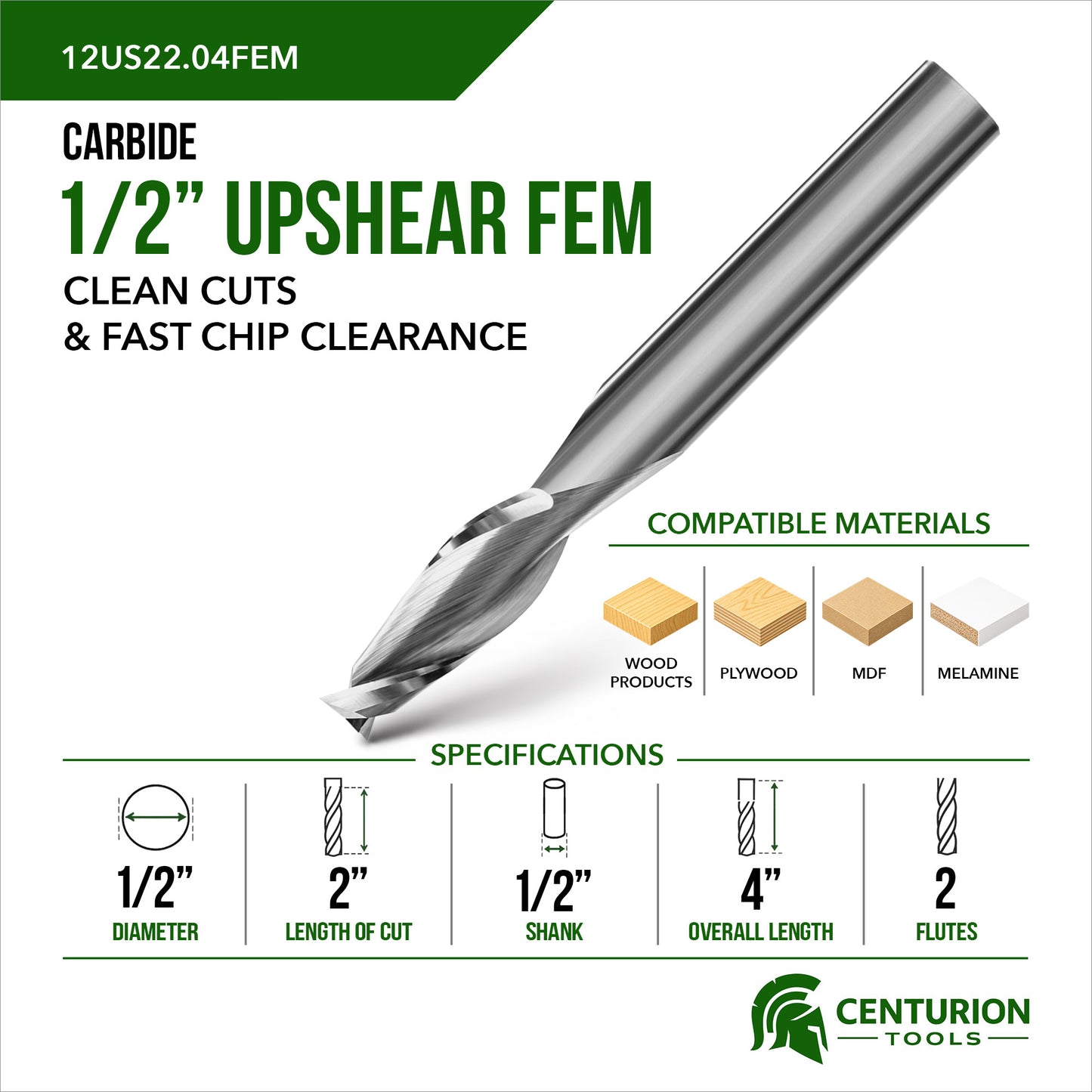 1/2" Upshear Spiral 2-Flute | 2" LOC | 4" OAL | 1/2" Shank | FEM