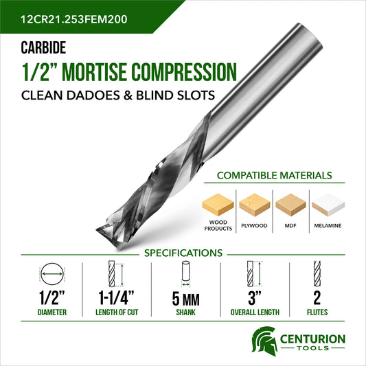 1/2" Compression Mortise 2-Flute | 1-1/4" LOC | 3" OAL | 1/2" Shank | FEM