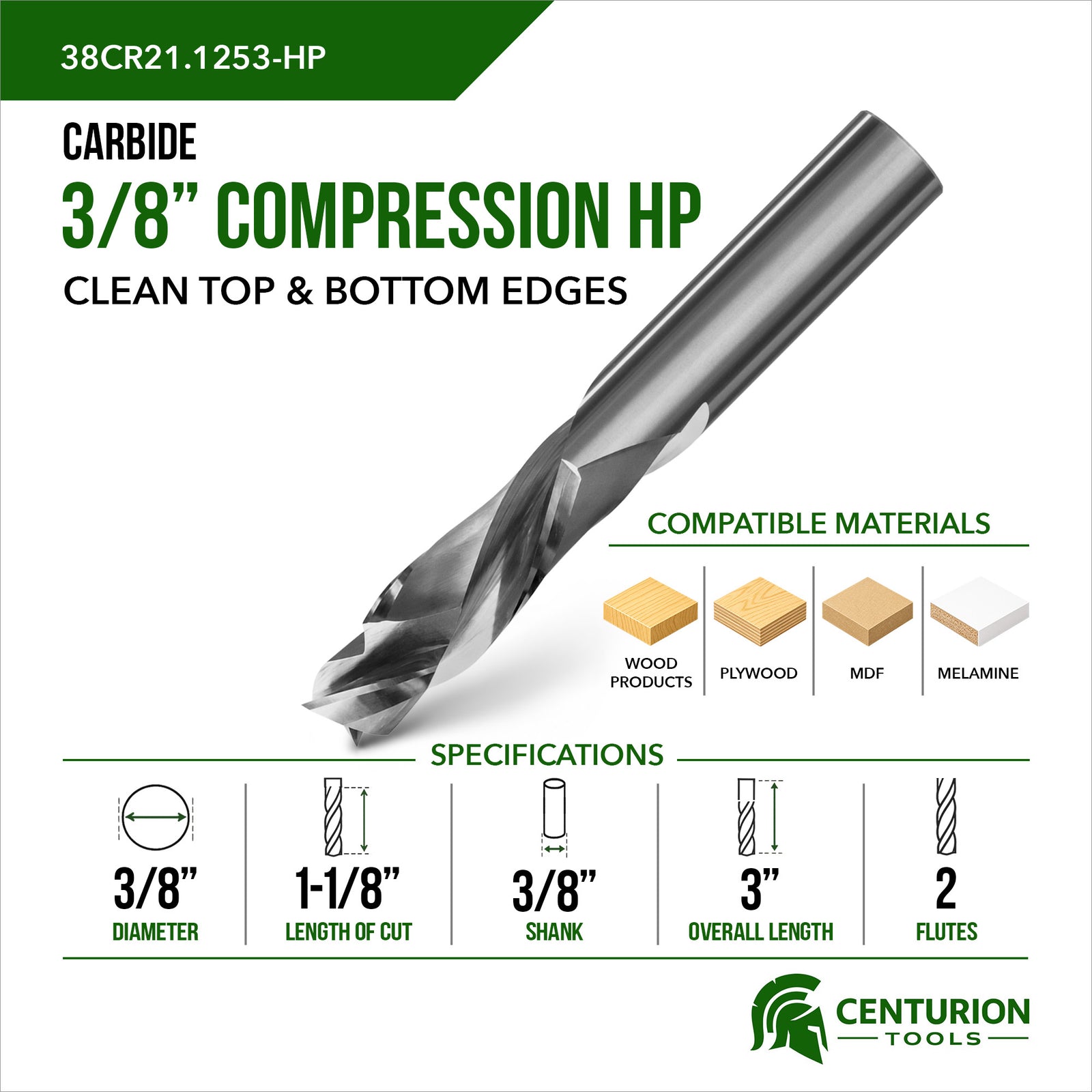 3/8" Compression HP 2-Flute | 1-1/8" LOC | 3" OAL | 3/8" Shank | Plunge End