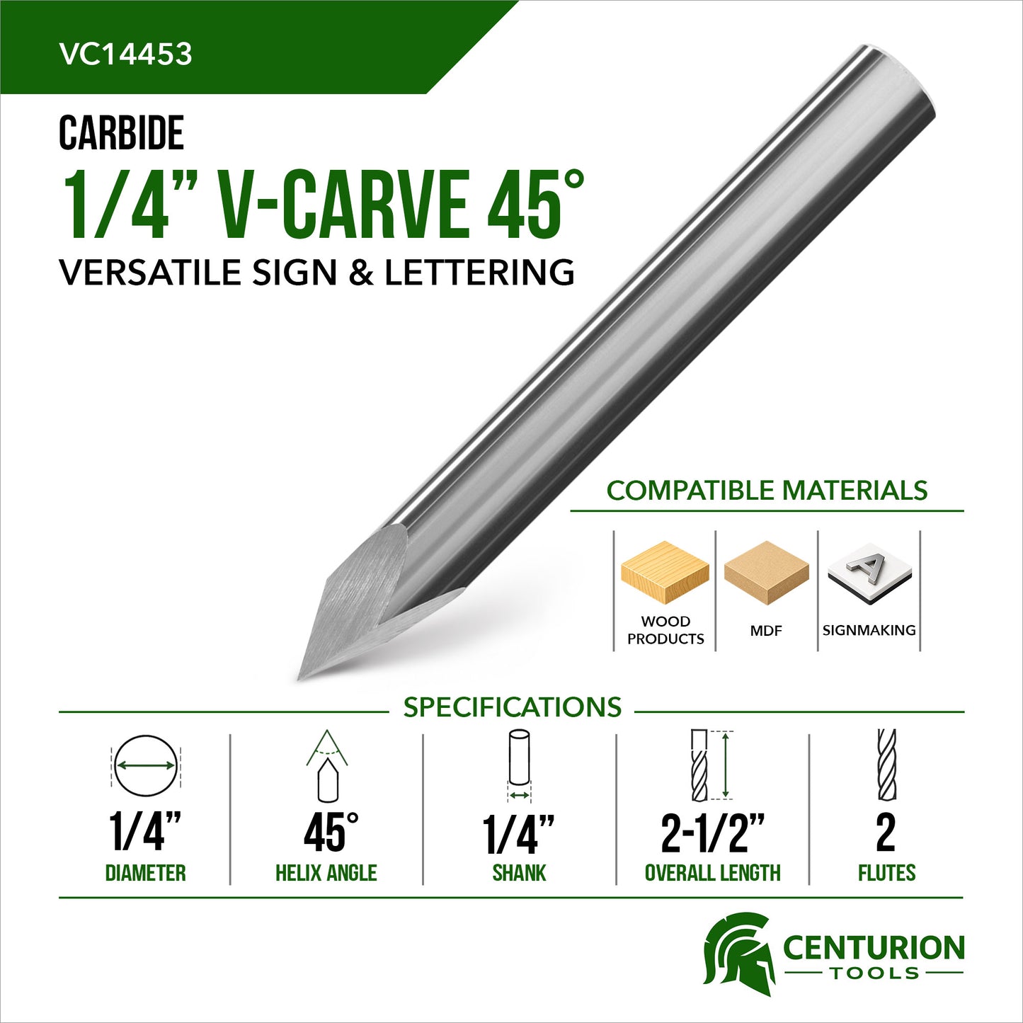 1/4" 45° V-Carve Bit | 2-1/2" OAL | 1/4" Shank