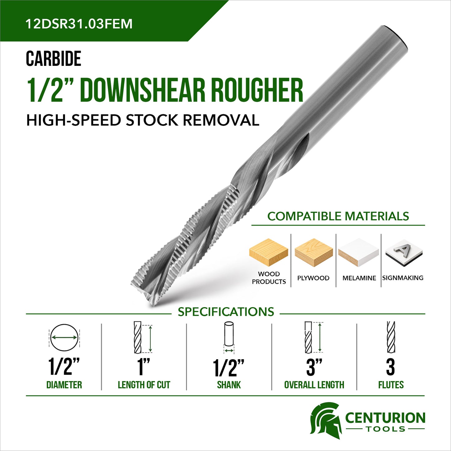 1/2" Downshear Rougher 3-Flute | 1" LOC | 3" OAL | 1/2" Shank | FEM