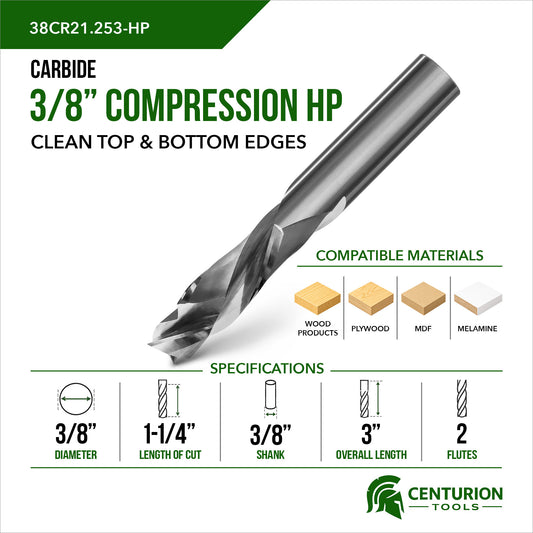 3/8" Compression HP 2-Flute | 1-1/4" LOC | 3" OAL | 3/8" Shank | Plunge End