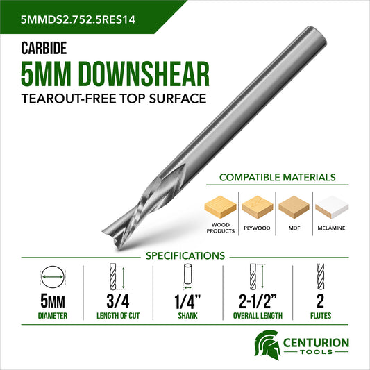 5mm Downshear Spiral 2-Flute | 3/4" LOC | 2-1/2" OAL | 1/4" Shank | Plunge End