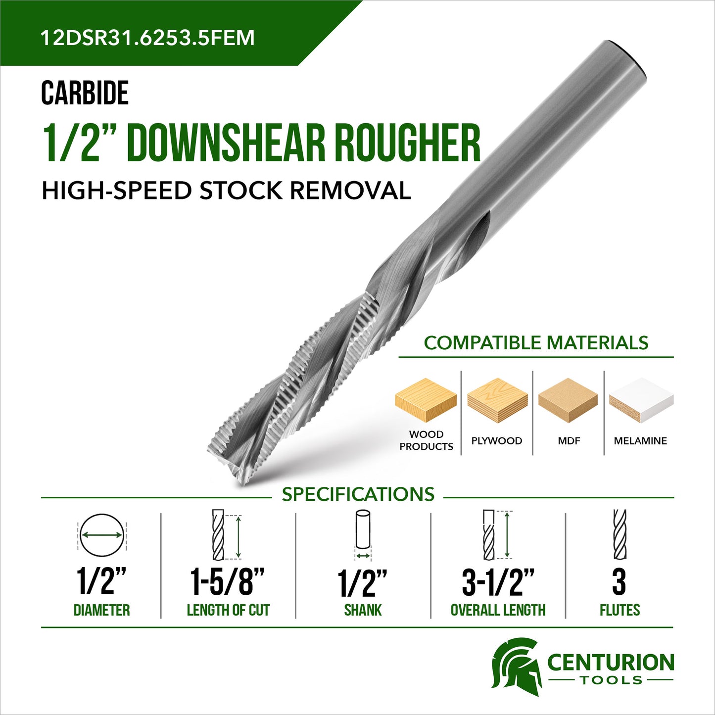 1/2" Downshear Rougher 3-Flute | 1-5/8" LOC | 3-1/2" OAL | 1/2" Shank | FEM