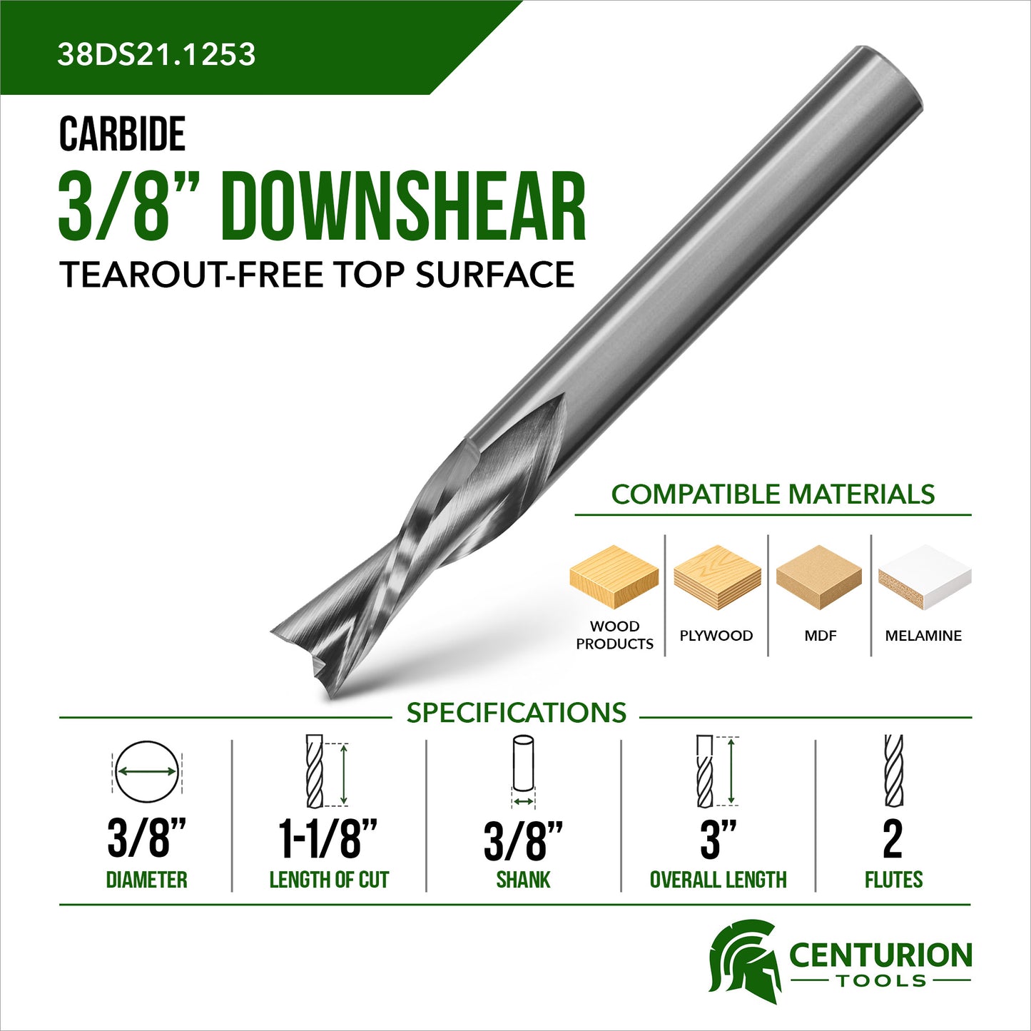 3/8" Downshear Spiral 2-Flute | 1-1/8" LOC | 3" OAL | 3/8" Shank | Plunge End