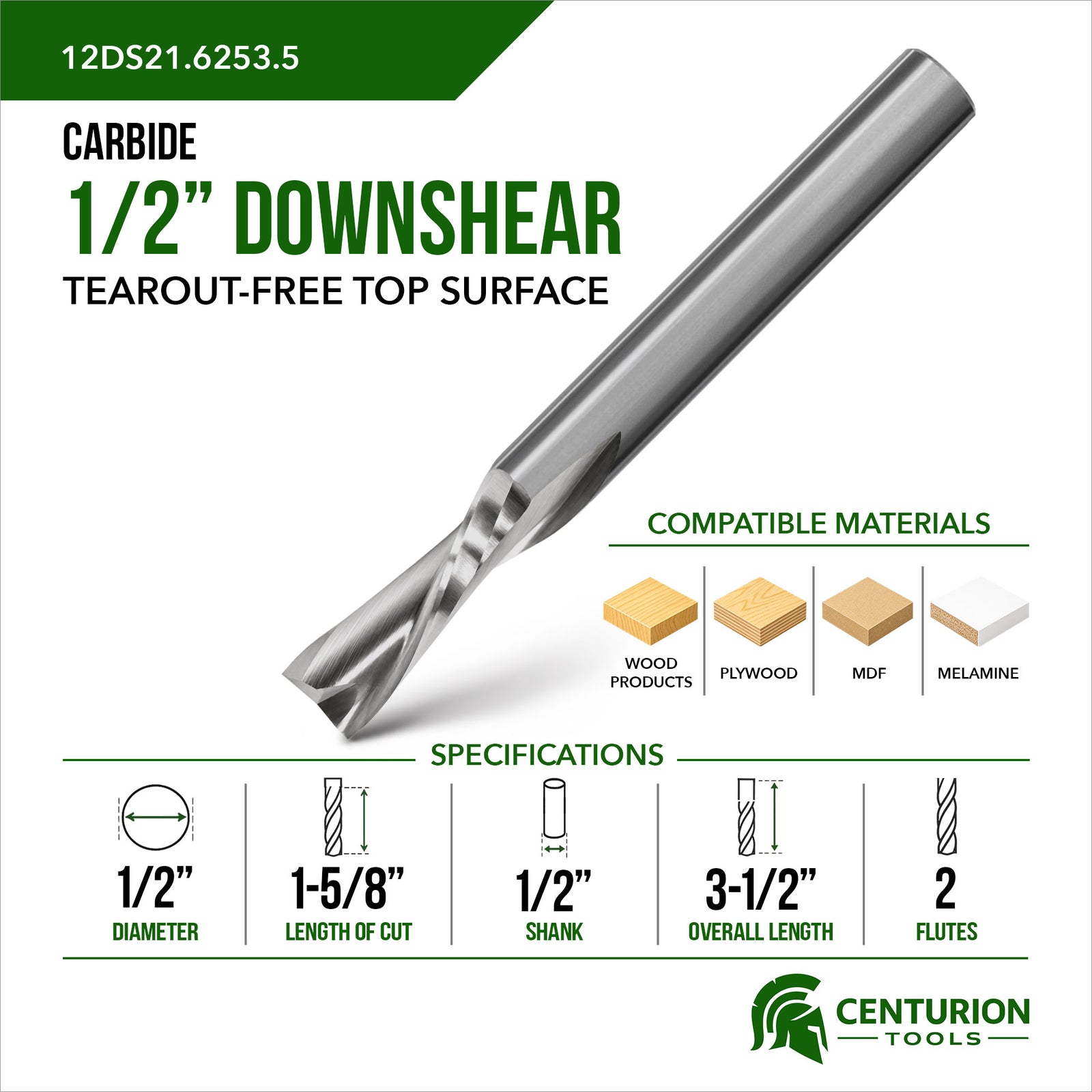 1/2" Downshear Spiral 2-Flute | 1-5/8" LOC | 3-1/2" OAL | 1/2" Shank | Plunge End