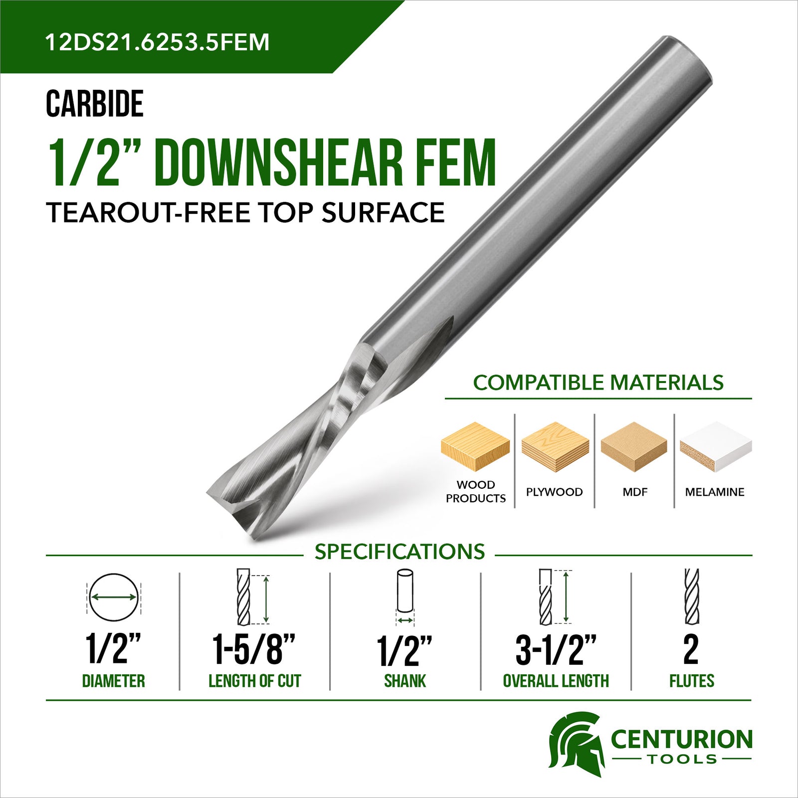 1/2" Downshear Spiral 2-Flute | 1-5/8" LOC | 3-1/2" OAL | 1/2" Shank | FEM