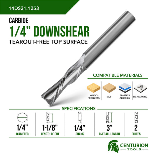1/4" Downshear Spiral 2-Flute | 1-1/8" LOC | 3" OAL | 1/4" Shank | Plunge End