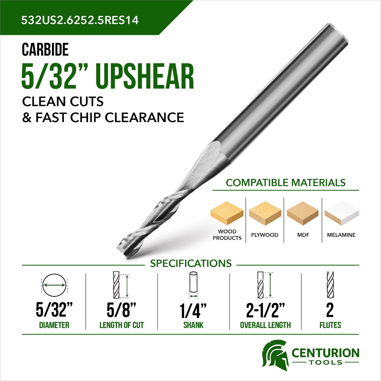 5/32" Upshear Spiral 2-Flute | 5/8" LOC | 2-1/2" OAL | 1/4" Shank | Plunge End