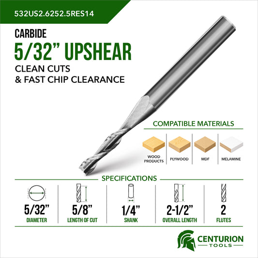 5/32" Upshear Spiral 2-Flute | 5/8" LOC | 2-1/2" OAL | 1/4" Shank | Plunge End