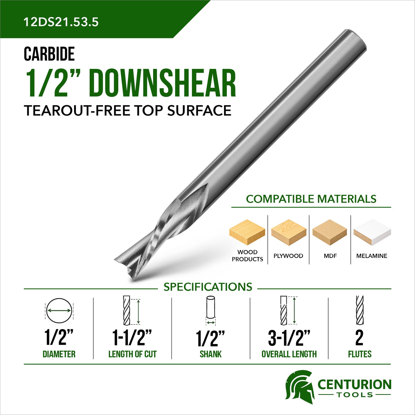 1/2" Downshear Spiral 2-Flute | 1-1/2" LOC | 3-1/2" OAL | 1/2" Shank | Plunge End