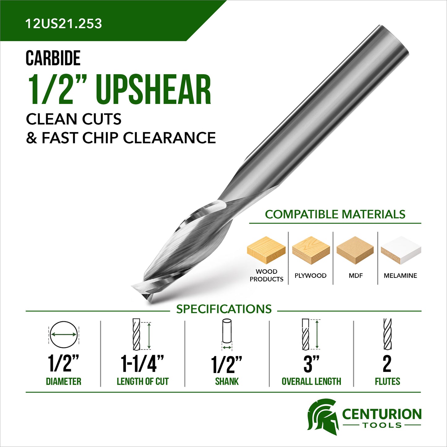 1/2" Upshear Spiral 2-Flute | 1-1/4" LOC | 3" OAL | 1/2" Shank | Plunge End
